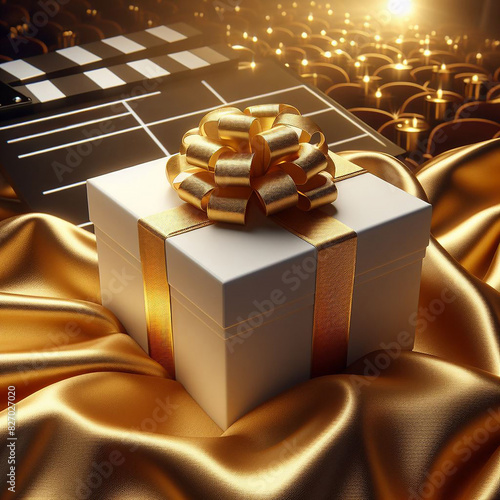 White gift box on shiny gold cloth