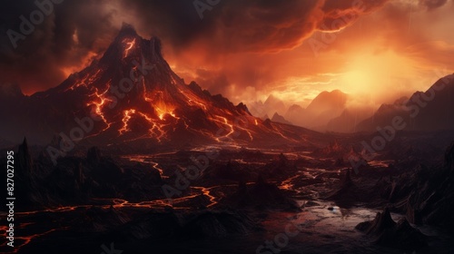 Apocalyptic volcanic landscape with hot flowing lava and volcano moutain with ahs cloud on background, AI Generative