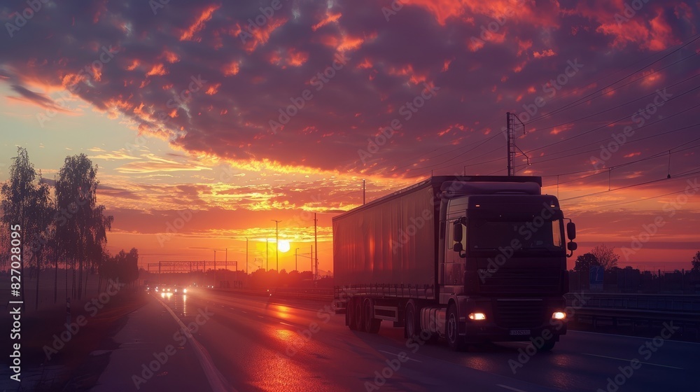 A semi-truck driving down a highway at sunset, with a beautiful sky and landscape in the background