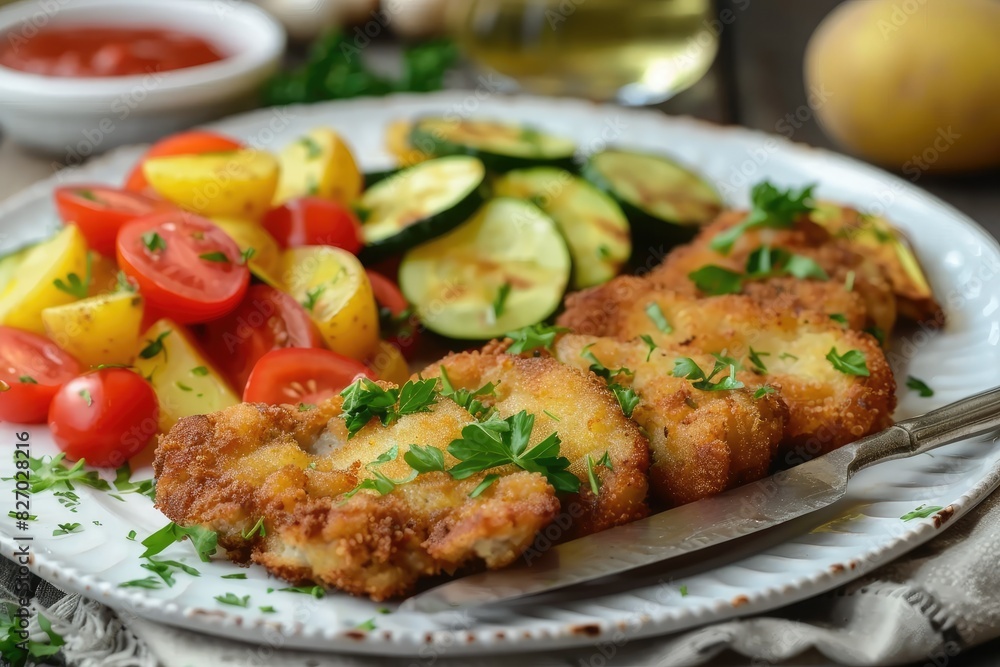 Delicious breaded schnitzel with herbs, served with potatoes and mixed vegetables