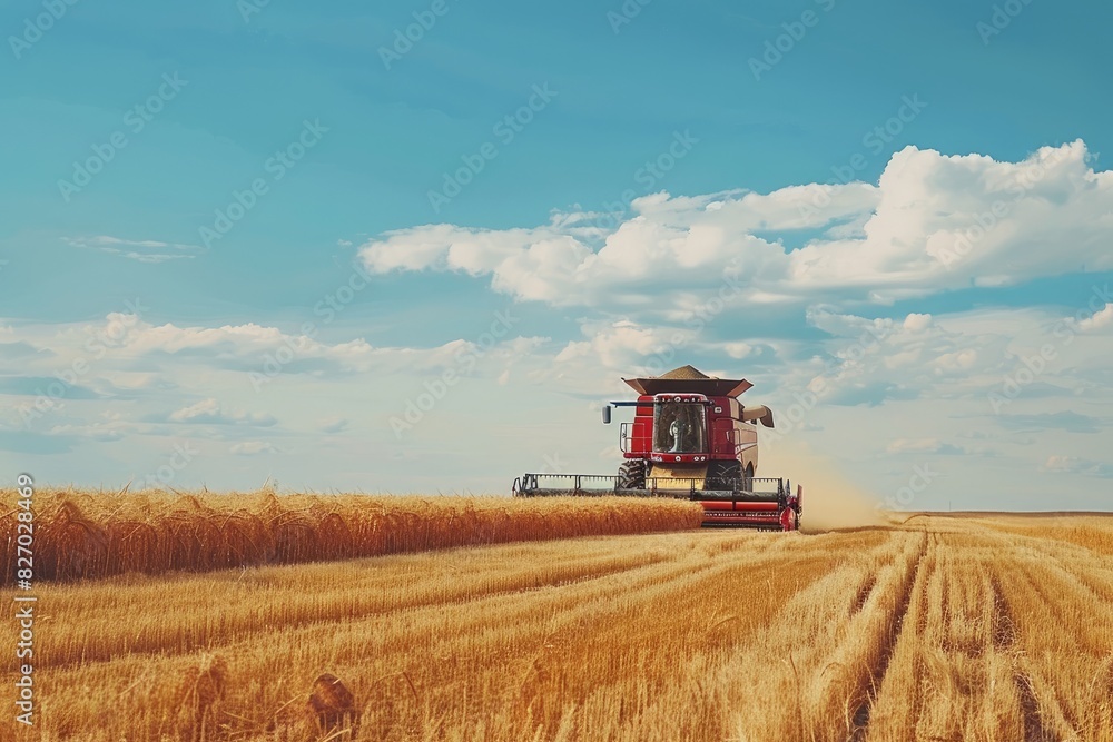 Fototapeta premium A modern combine harvester works efficiently in the golden wheat field under a blue sky