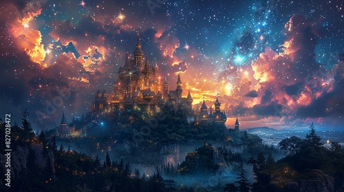 An enchanted castle on a hill, surrounded by a mystical forest under a starry night sky.