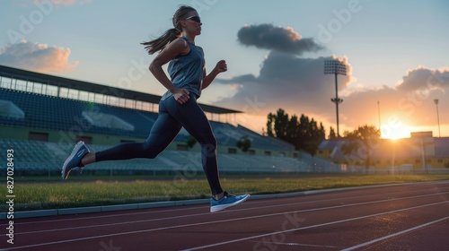 An athletic woman in sportswear is running in a stadium with the glow of sunset in the background