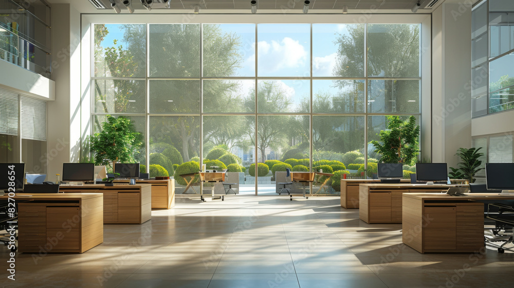 Modern, bright office space with large glass windows, contemporary furniture, and a view of lush greenery outside. Modern, bright office space with large glass windows, contemporary furniture, and a view of lush greenery outside.