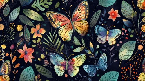 Abstract seamless pattern featuring colorful butterflies leaves and flowers against a dark backdrop © TheWaterMeloonProjec