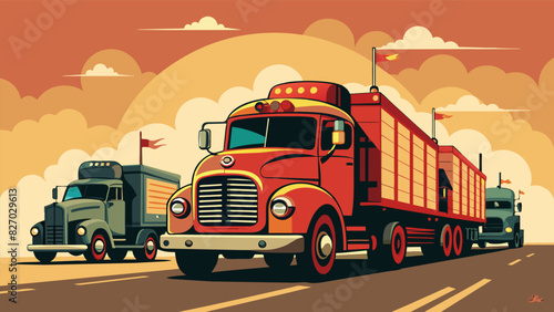 A procession of vintage trucks showcasing their sy builds and intricate details as they rumble through the streets with pride and purpose.. Vector illustration