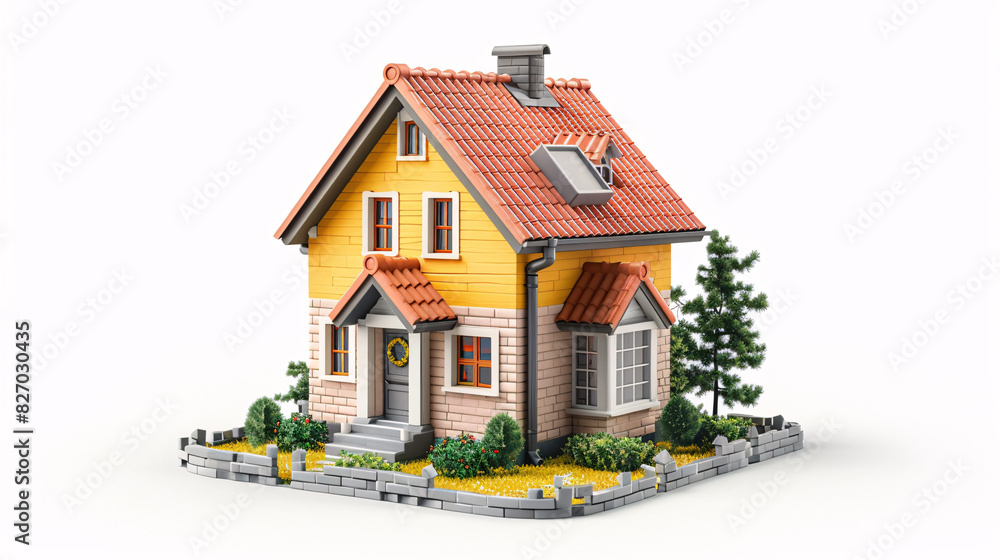 3D illustration of a cute plastic house with a blue roof and minimalistic design