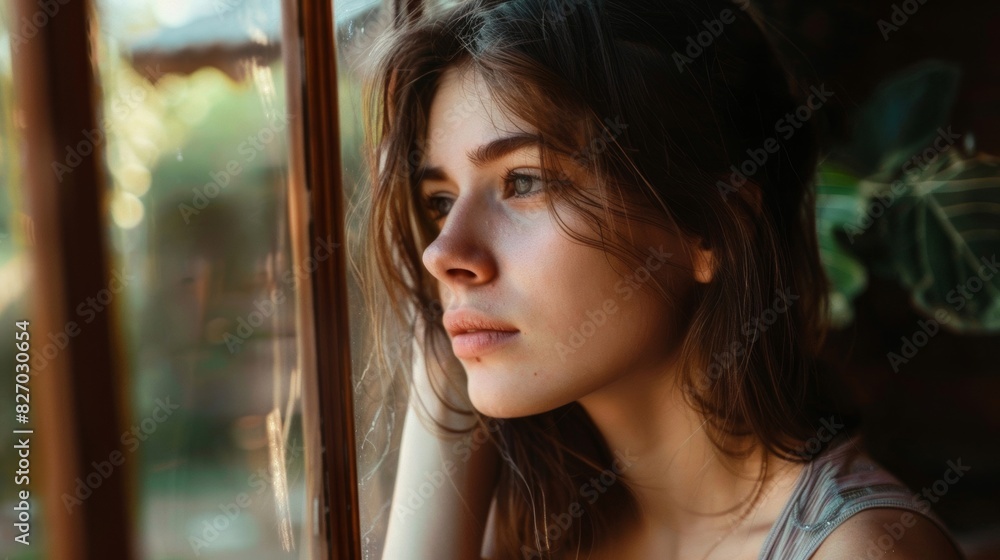 A person standing or sitting near a window Looking outside with a mixture of anxiety and anticipation. A person standing or sitting near a window Looking outside with a mixture of anxiety and anticipation.