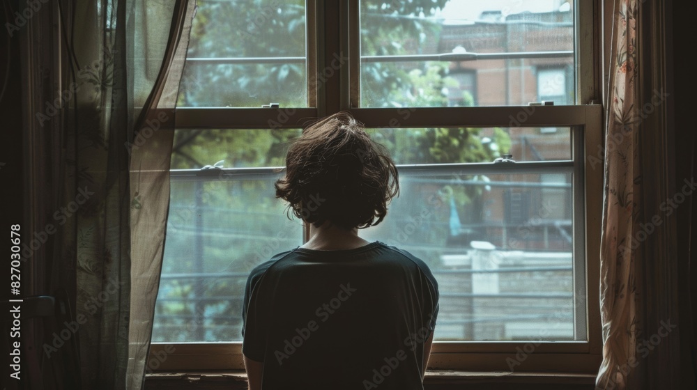 A person standing or sitting near a window Looking outside with a mixture of anxiety and anticipation. A person standing or sitting near a window Looking outside with a mixture of anxiety and anticipation.