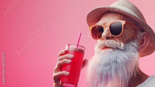 3d old bearded tourist man character in sunglasses and hat drinking juice on isolated pink background with space for copy photo
