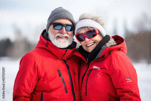 elderly couple in snowfall