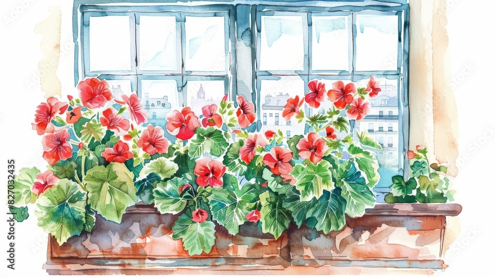 Fototapeta premium A kawaii watercolor of a geranium, with vibrant red flowers, in a cozy window box, on a sunny balcony, with a view of the cityscape, isolated on white