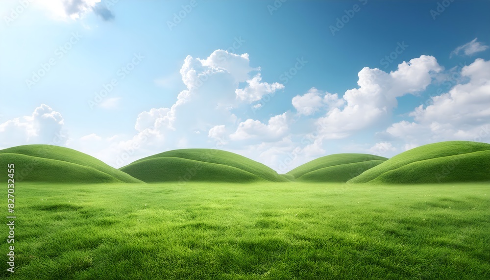 Peaceful haven, green grass, blue sky, small hills, soothing landscape Peaceful haven, green grass, blue sky, small hills, soothing landscape