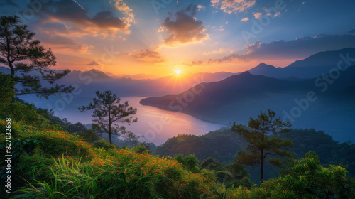 A tranquil scene of a sunrise over a misty lake surrounded by mountains and lush forests.