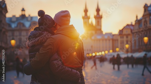 A gay couple pausing to take in a picturesque view from an old town square, the warm evening light casting a romantic glow over the ancient buildings and their affectionate embrace