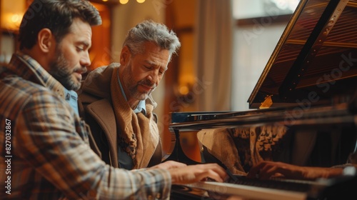 A loving gay couple sitting at a grand piano, one playing while the other follows along with sheet music, their expressions focused and harmonious, capturing a moment of shared passion for classical