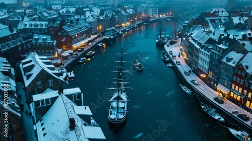 Aerial photography of Nyhavn, copenhagen in snowy winter, beautiful architecture, stunning view, city lights. at blue hour photo