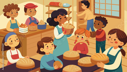 A room filled with the smell of freshly baked bread as children learn the lesson of generosity by making loaves to share with their community.. Vector illustration
