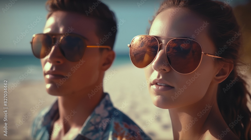 Young man and woman wearing sunglasses Young man and woman wearing sunglasses