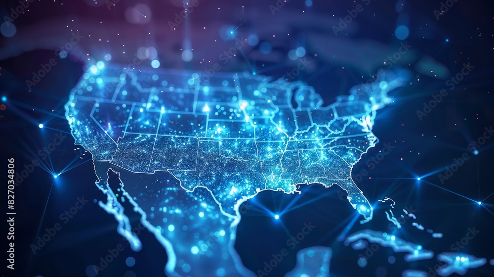 Obraz premium Digital map of USA, concept of North America global network and connectivity, data transfer and cyber technology, information exchange and telecommunication