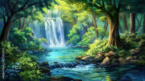 river and waterfall forest background concept