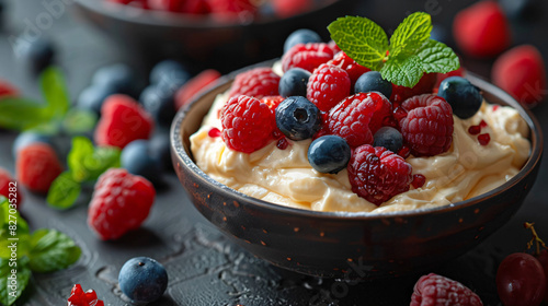 Bowl of creamy pudding and fresh fruit