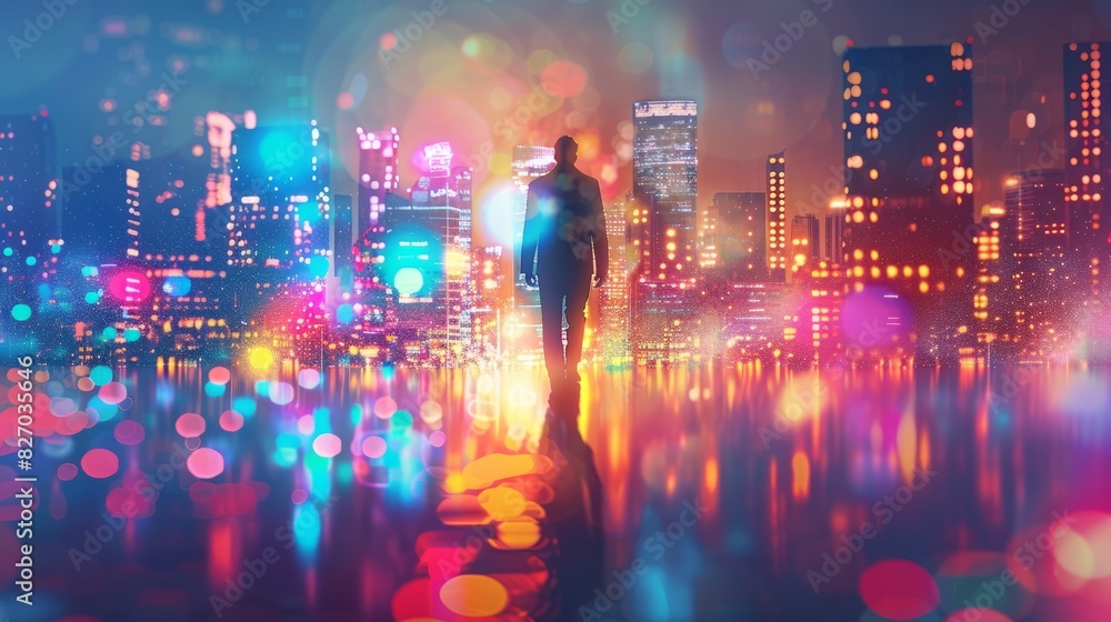 Fototapeta premium featuring the outline of an entrepreneur with a backdrop of a colorful city festival, blending the spirit of enterprise with urban culture, business, vibrant city, lights backgroun