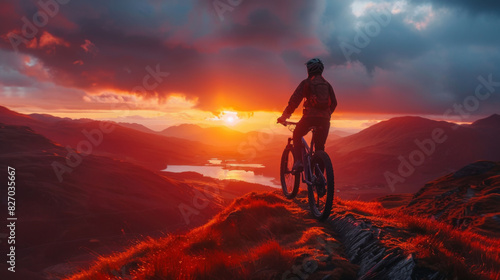 A mountain biker stands on a hilltop, admiring a stunning sunset over a scenic landscape.