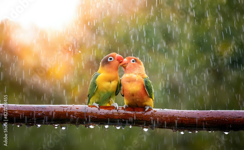 two lovebirds in the rain