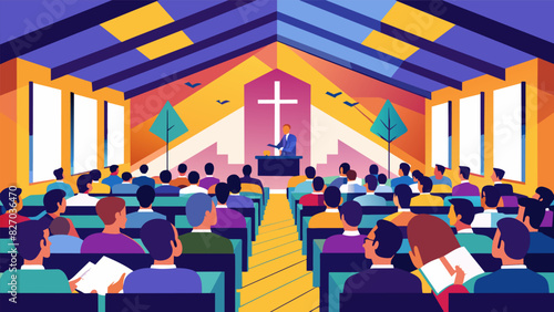 In a spacious conference hall church leaders gathered to learn from each other and be inspired by keynote speakers on making a meaningful influence in. Vector illustration