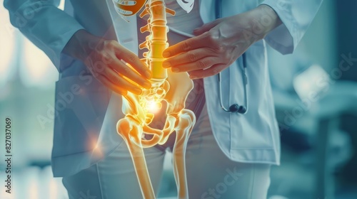 Orthopedic specialists assessed a patient for potential joint replacement, ensuring a comprehensive evaluation, close up, with Glow HUD big Icon of orthopedics photo