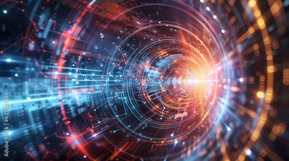 Obraz premium Particle physics studies the fundamental particles that make up matter and the forces governing their interactions, often conducted in large particle accelerators