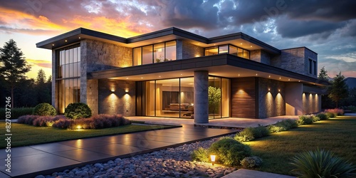 Beautiful modern style luxury home exterior at sunset with glowing interior lights photo