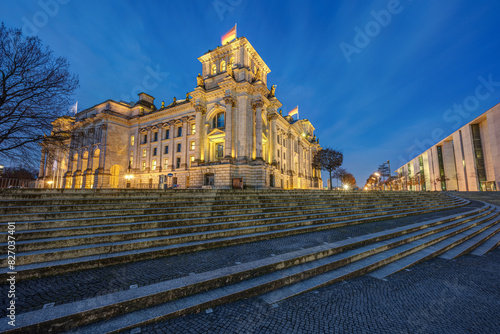 The famous Reichstag, seat of the German Parliament, in Berlin at twilight