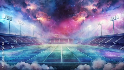 American football stadium field with smoke and neon background, generated with computer, suitable for background design, flyer, brochure, ad, booklets, and leaflets photo