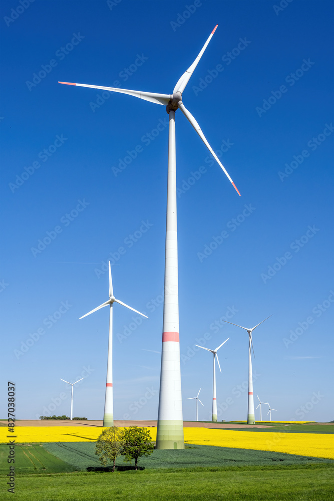 Fototapeta premium Wind turbines in agricultural fields seen in Germany