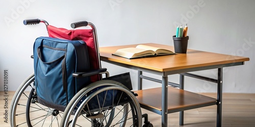 A school desk with a wheelchair, book, and backpack, representing inclusivity and education for disabled children
