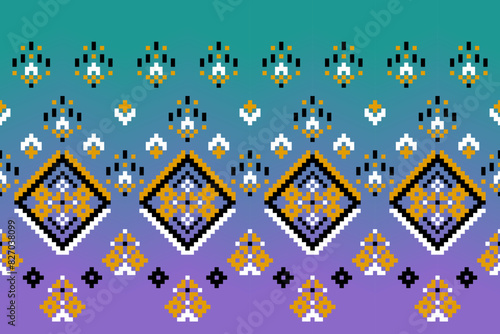 Pixel ethnic pattern, Vector embroidery pattern background, Geometric traditional triangle style, Blue and orange pattern knitting vintage, Design for textile, fabric, batik, kaftan, fibres