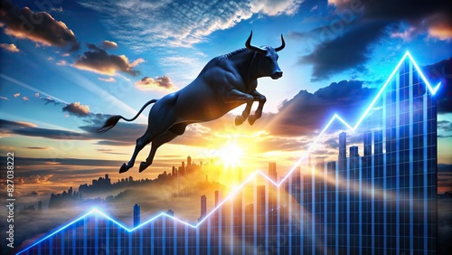 Vibrant blue graphs soaring in the sunrise glow, depicting a bull market surge photo