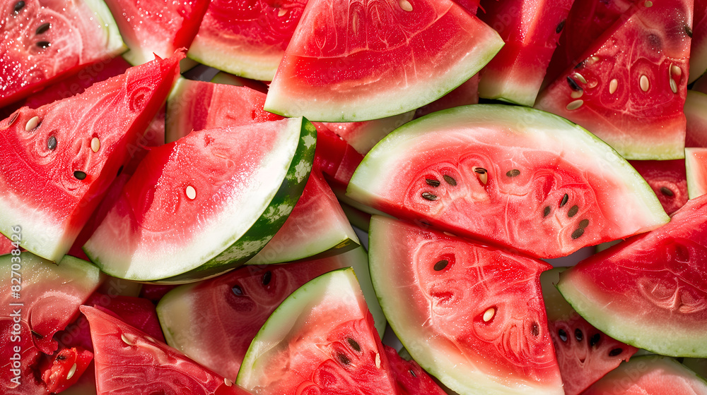 Watermelon slices piled in a colorful and juicy background for summer food or drink concepts Watermelon slices piled in a colorful and juicy background for summer food or drink concepts