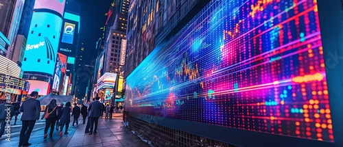A vibrant stock market infographic displayed on a giant digital billboard in the heart of a busy financial district, attracting the attention of passersby. 32k, full ultra HD, high resolution photo