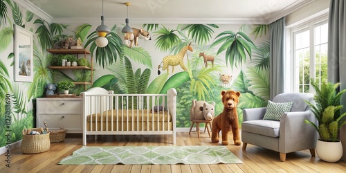 Modern nursery with jungle theme, complete with animal decals on the walls and plush toys scattered around photo