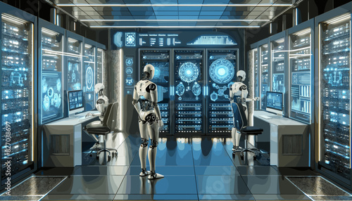 Conceptual image of a humanoid robot working in a data center. Vector illustration.