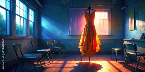 Vibrant orange dress hanging on a chair in a classroom photo