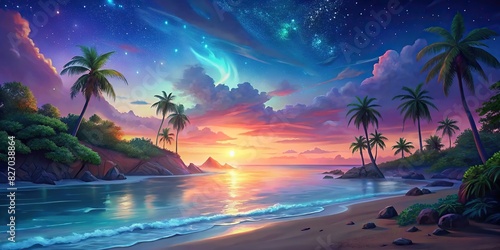 A serene beach scene with lush trees, a colorful sky, and a gentle glow