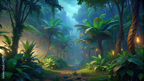 Lush tropical jungle background with a soft glow