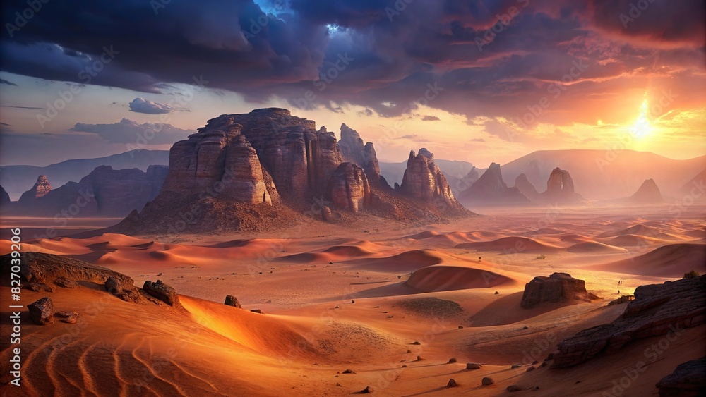 Vast glowing desert landscape in Wadi Rum with sand dunes and rock formations