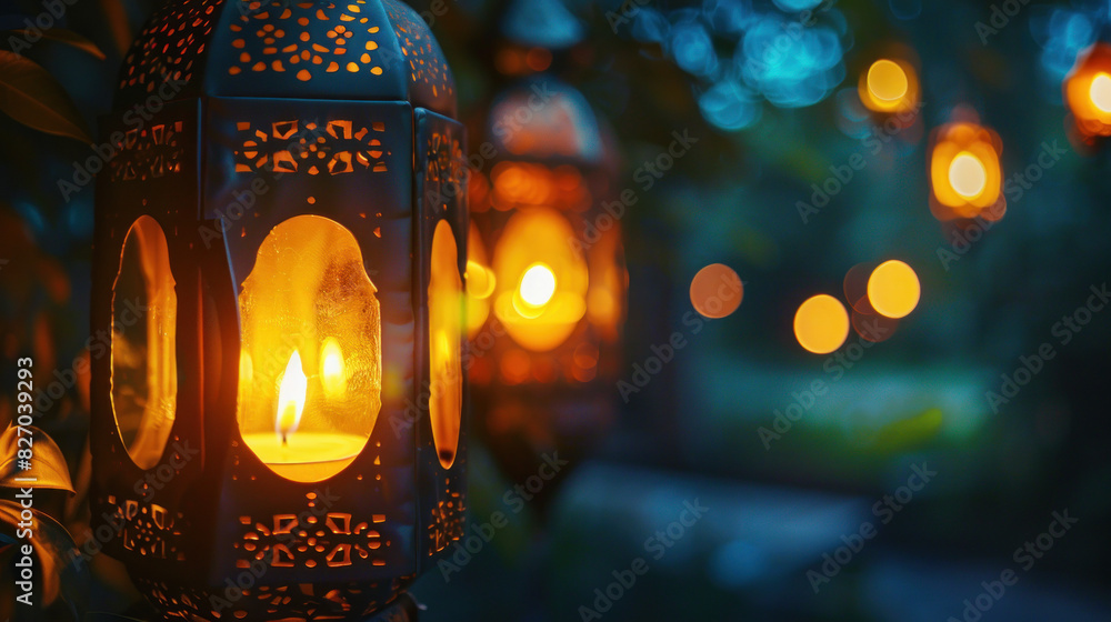 Warmly Glowing Decorative Lanterns, Eid feast, Islamic celebration, Family feast. Warmly Glowing Decorative Lanterns, Eid feast, Islamic celebration, Family feast.