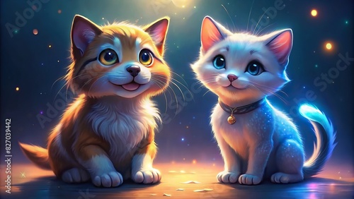 Affectionate puppy and kitten smiling with a glowing aura