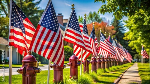 American flags displayed near fire hydrant on a sunny day photo